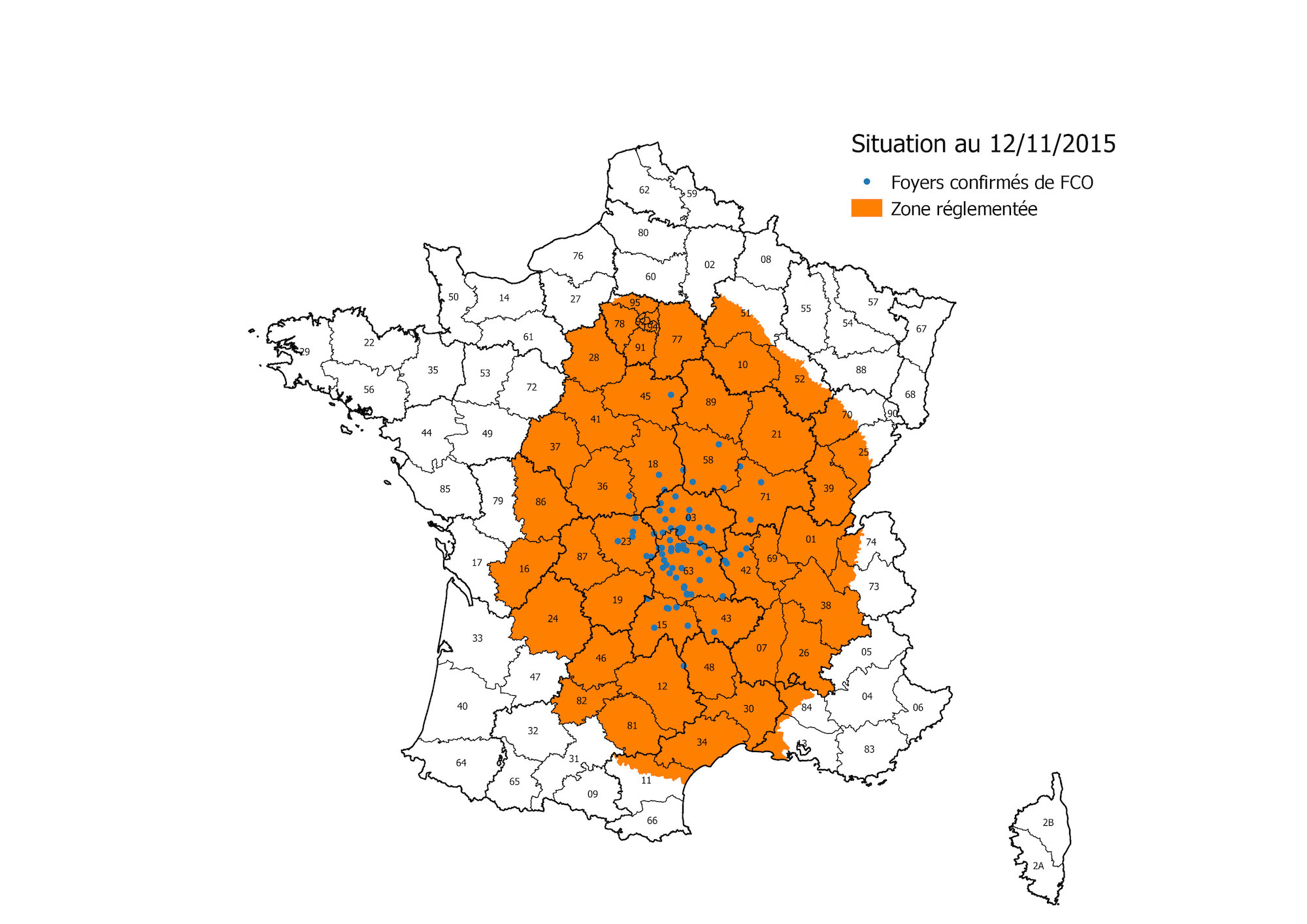 Le 13 novembre 2015, un nouvel arrêté prend en compte la découverte de nouveaux cas de fièvre catarrhale ovine (FCO) de sérotype 8 dans le Cantal, l’Aveyron, la Haute-Loire et la Creuse